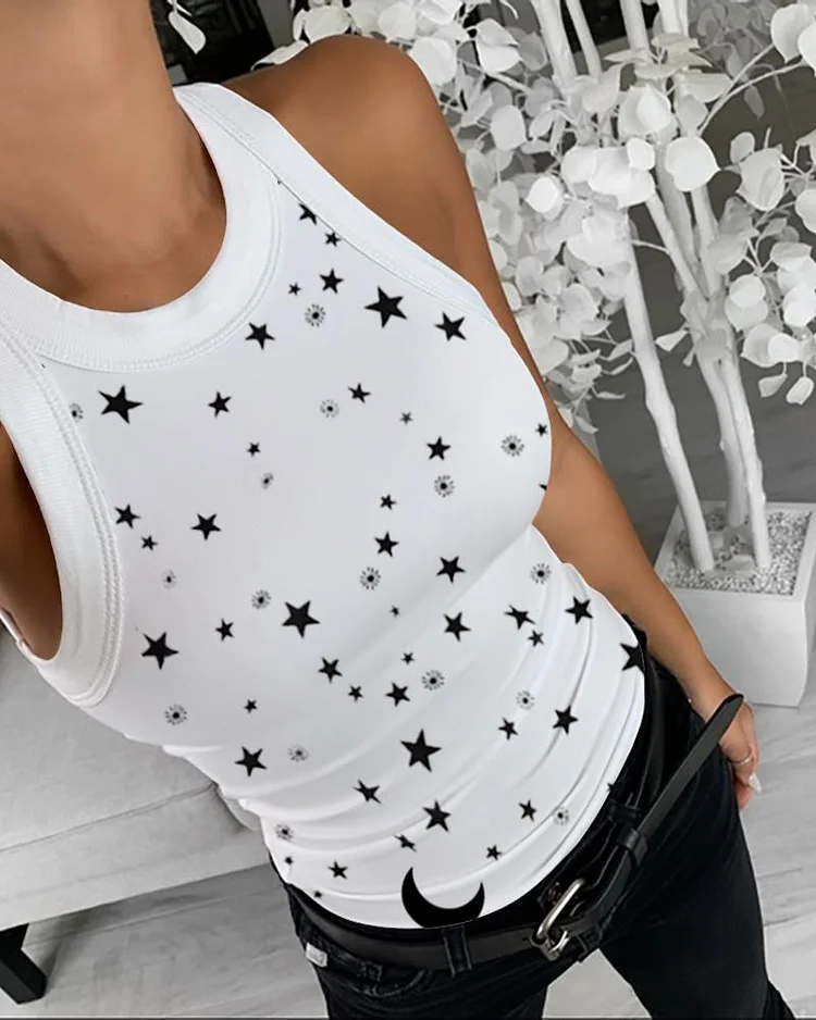 Stars Print Round Neck Tank Top