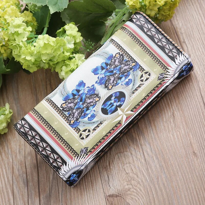 Fashion Multifunctional Women Wallet Color Printing Long Mobile Phone Bag Multi-layer Women Big Flower Color Matching Coin Purse