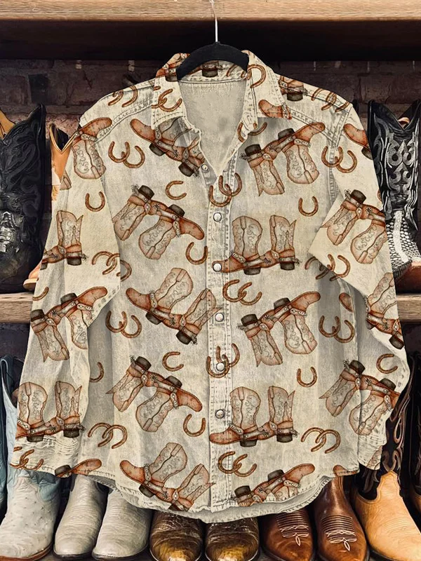 Men's Western Cowboy Boots Graphic Print Long Sleeve Shirt