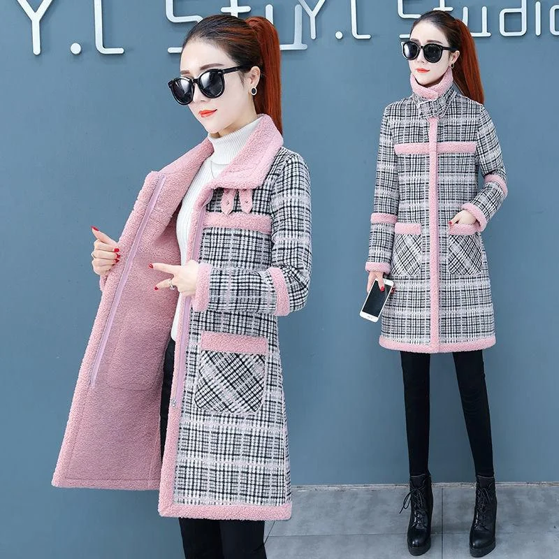 Autumn Elegant Plaid Women Fashion Woolen Coats Ladies Casual Turn-down Collar Coats Female Winter Thick Warm Outwear Plus Size