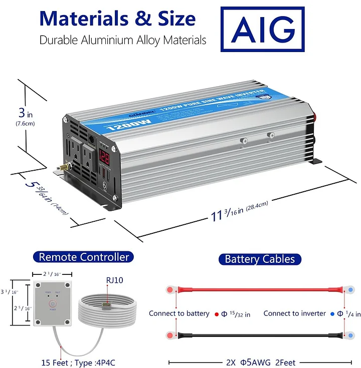 1200W Pure Sine Wave Inverter 12V DC to 110V 120V AC