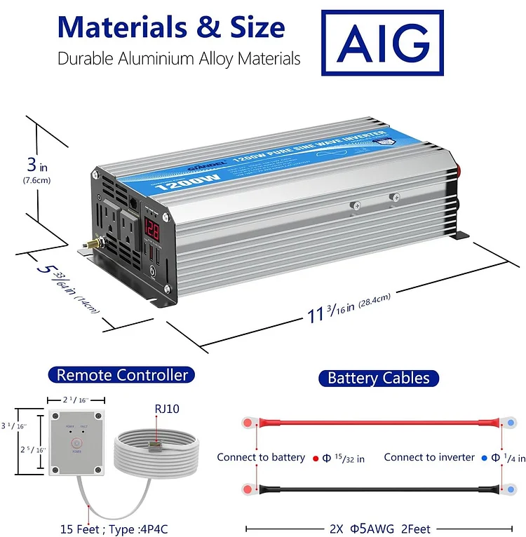 1200W Power Inverter Pure Sine Wave 12V DC to 110V 120V AC