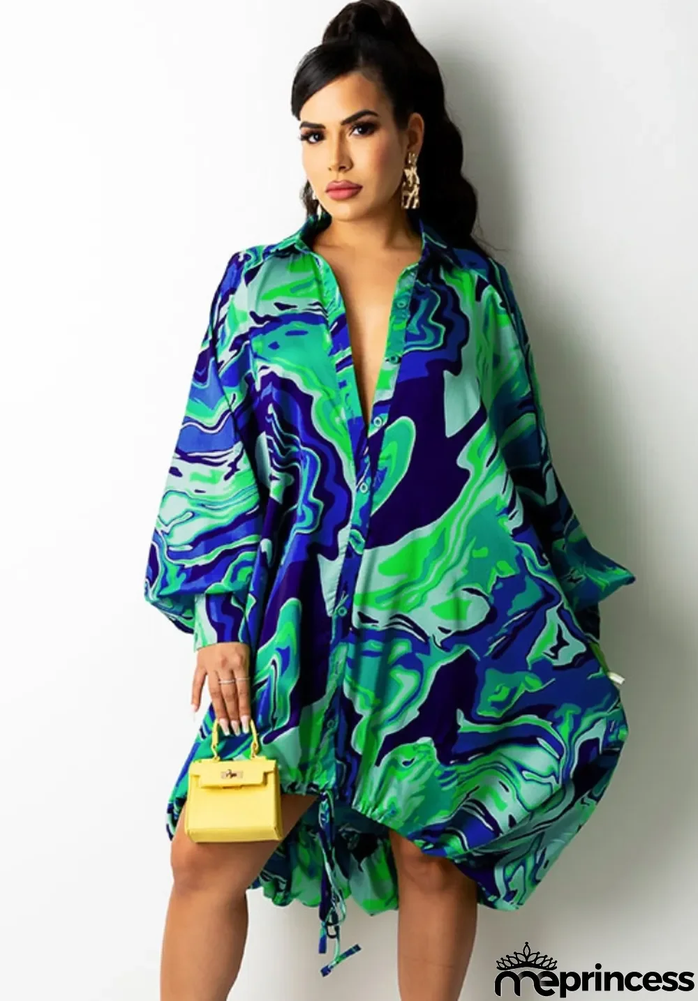 Fall Blue Print Button Up Puff Sleeve Oversize Casual Blouse Dress