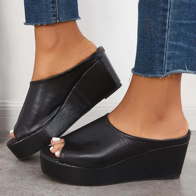 Chunky Platform Wedges Peep Toe Backless Mule Slide Sandals
