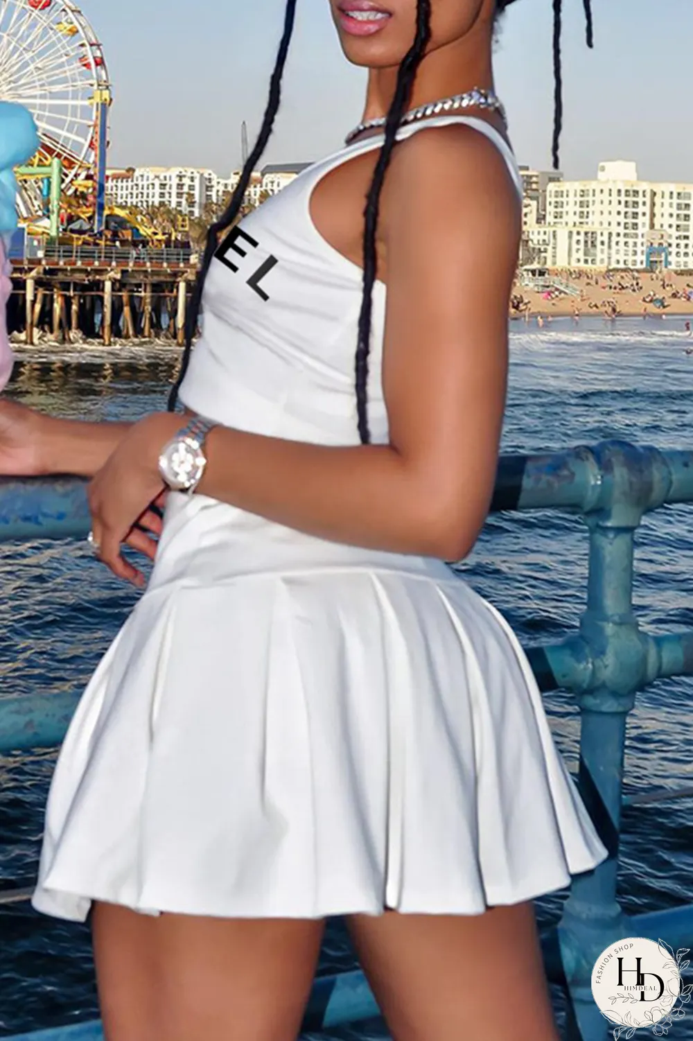 White Sexy Print Letter U Neck Sleeveless Two Pieces