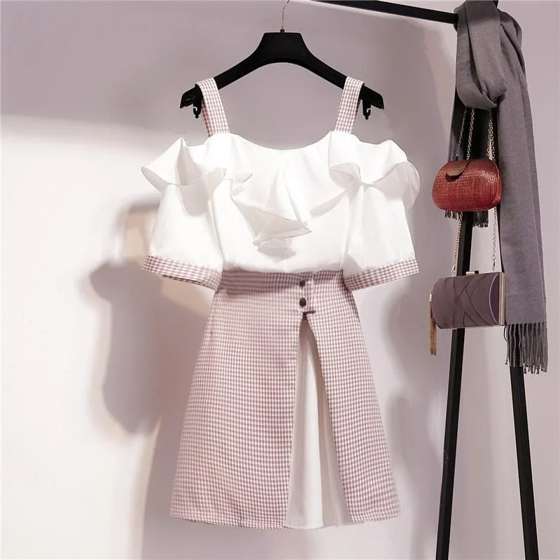 White Pink Grid Falbala Off-Shoulder Dress Set SP14058