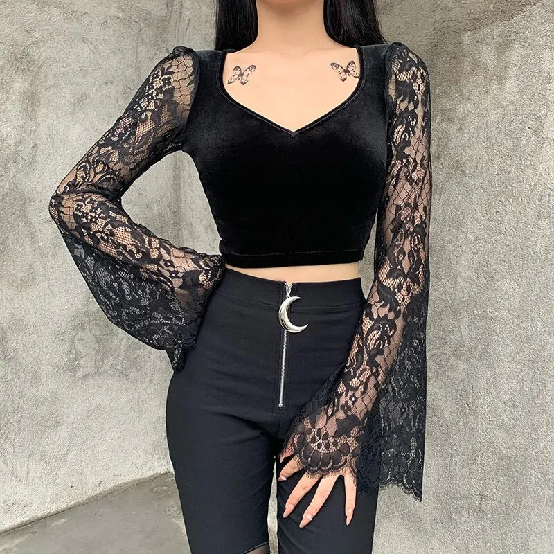 InsGoth Gothic Sexy V Neck Lace Black Tops Harajuku Vintage Velvet Bodycon Crop Top Women Autumn Transparent Long Sleeve Tops