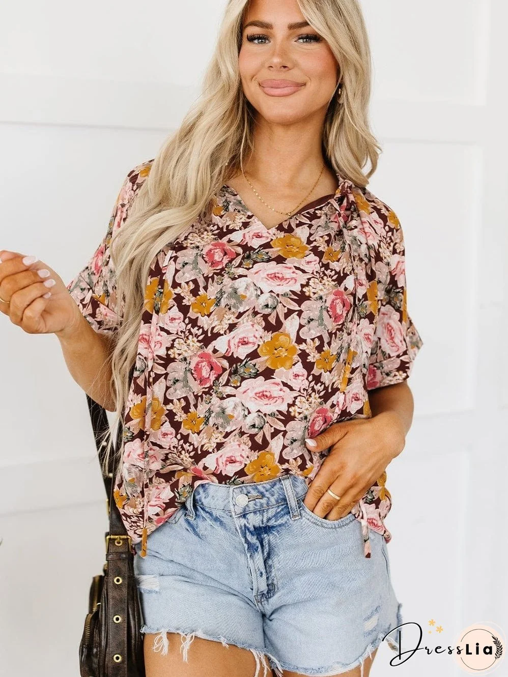 Short Sleeve Floral Blouse with Bubble Hem