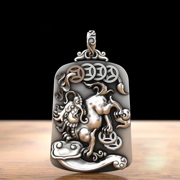 Sterling Silver Money Pixiu Wealth Amulet Pendant Necklace