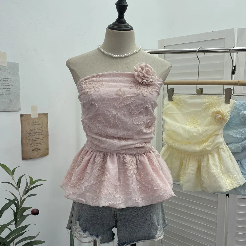 Uveng French Bud Ponp-Upple Sling Vest With Three-Dimensional Flowers Shoulder-To-Heart Thai Top 9205