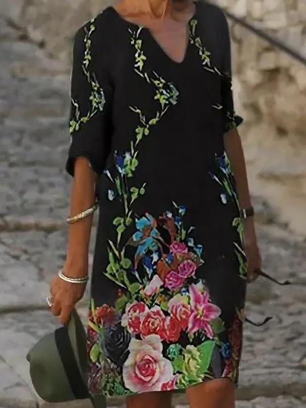Women's V-neck Short Sleeve Half Sleeve Printed Midi Dress