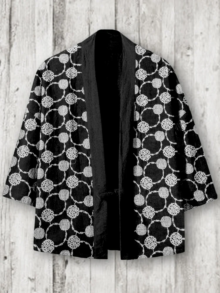 Circle Dot Embroidered Japanese Linen Blend Kimono Cardigan