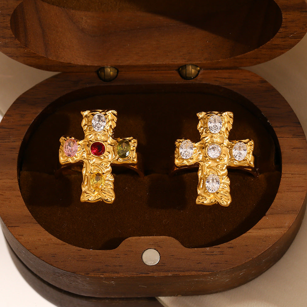 Ins Fashion Retro Personality Hand Jewelry Stainless Steel Plated 18K Gold Cross Diamond Open Ring Female