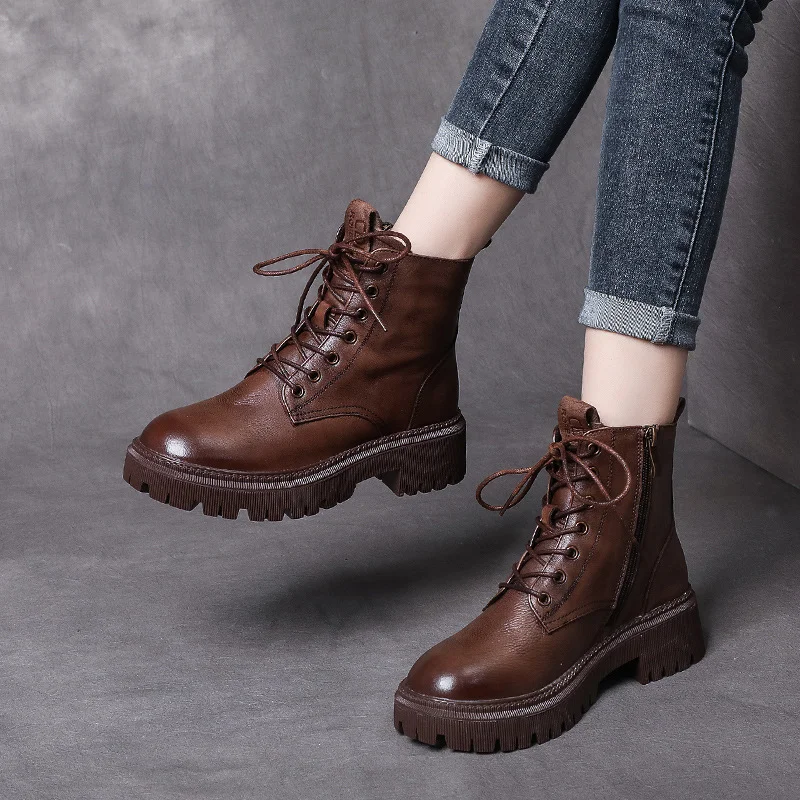 Yyvonne Leather Soft Bottom With Martin Boots Autumn And Winter New Short-Skin Women British Style Single Boots Work Fit Thick Bottom