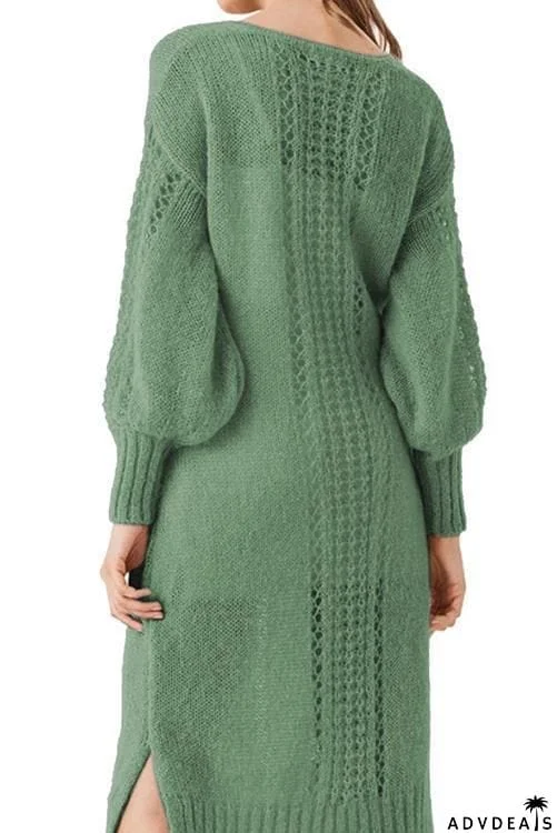 Hollow V Neck Long Sleeve Sweater Dress