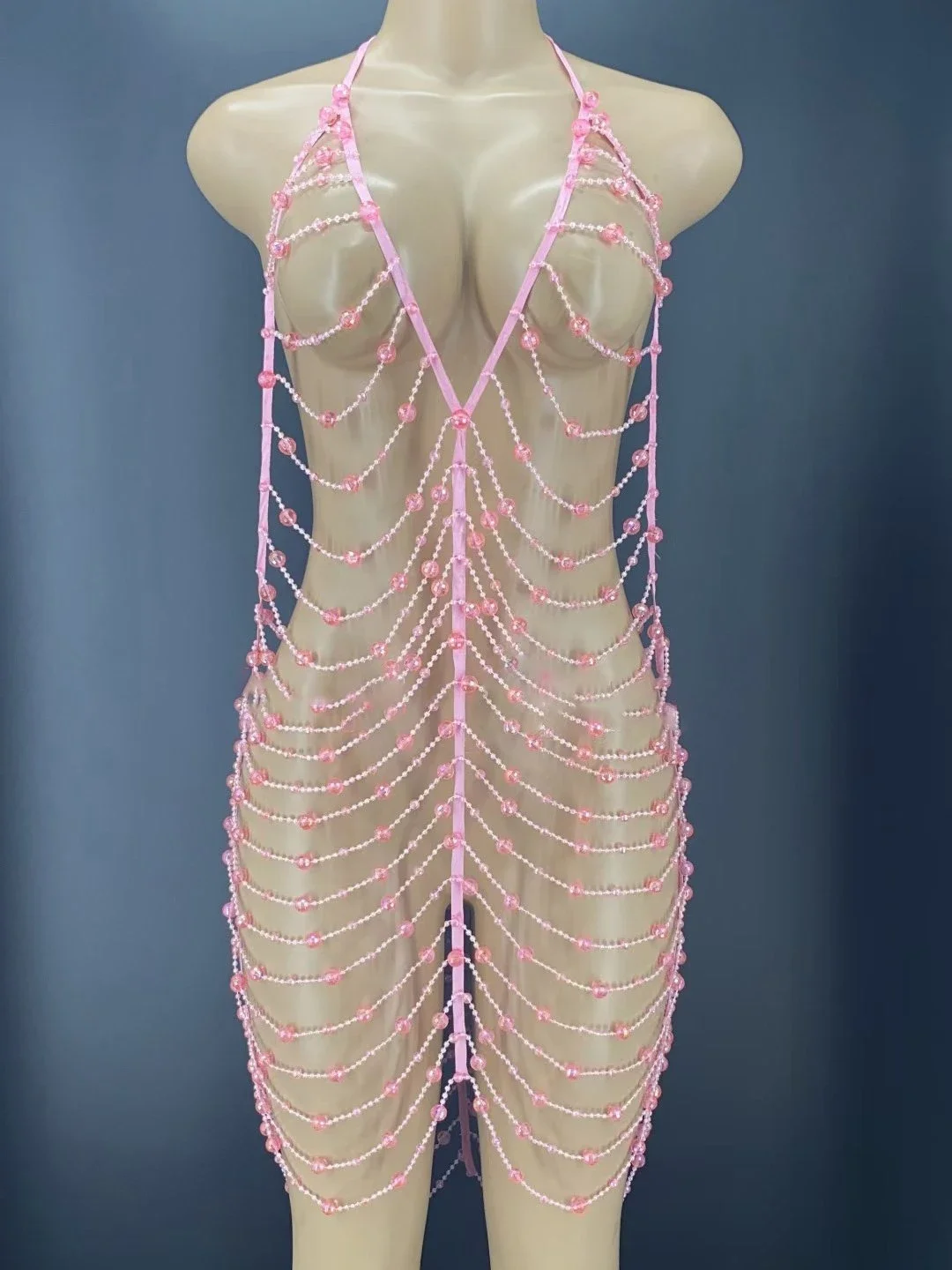 Pink bead pearl evening dress-zachics