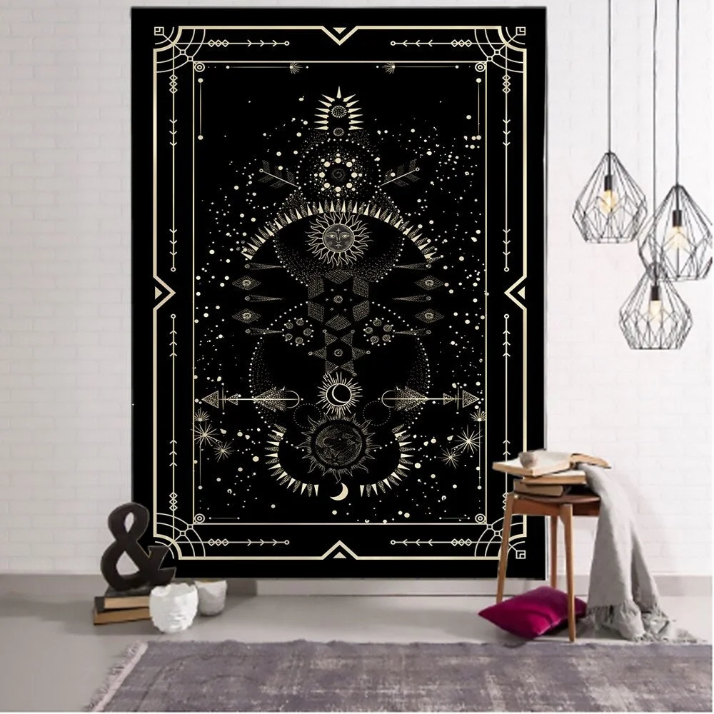 Golden Black Sun Moon Tarot Mandala Tapestry Wall Hanging Witchcraft Hippie Wall Carpets Dorm Decor Psychedelic Tapestry