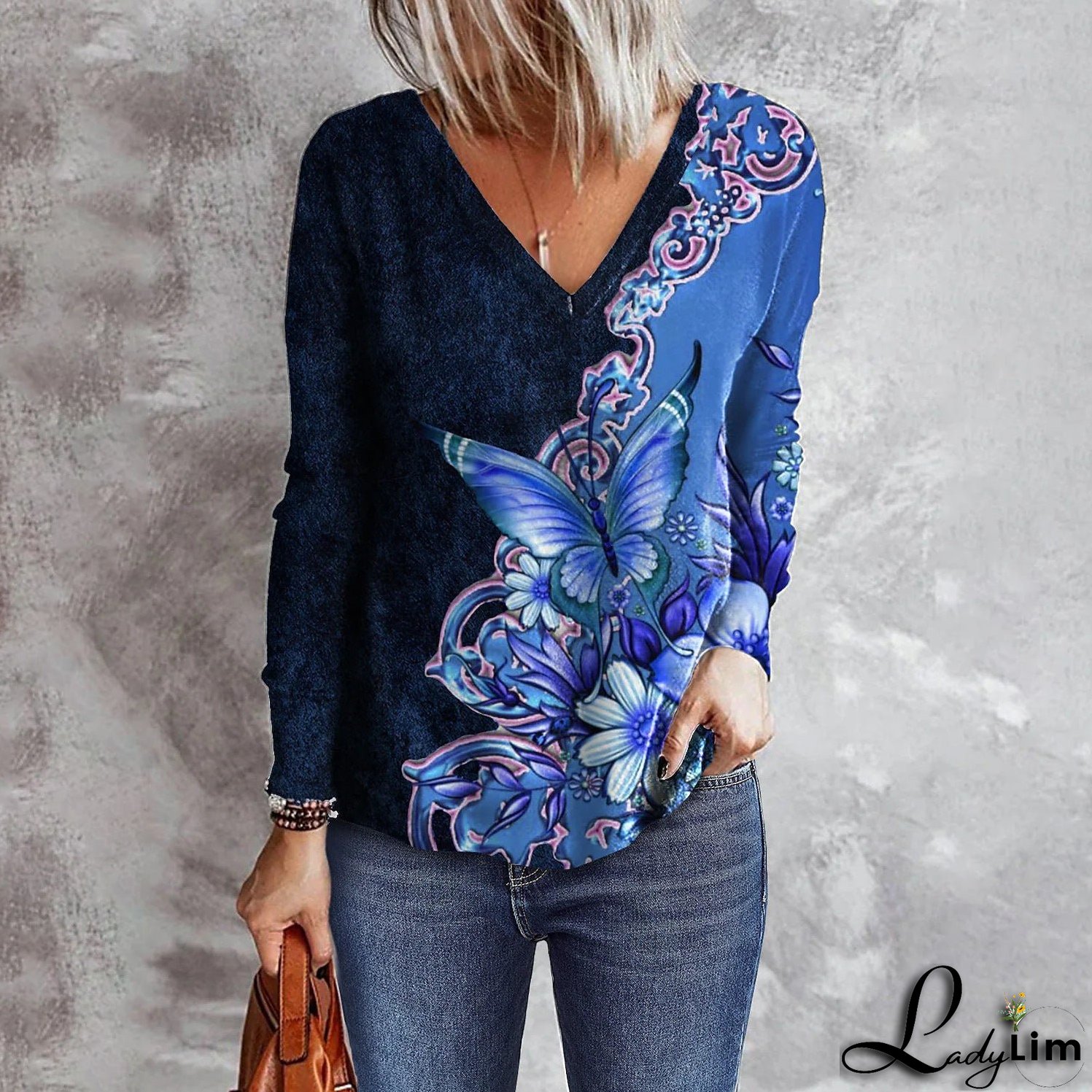 V-neck Long Sleeve Loose T-shirt for Women Flower and Butterfly Print
