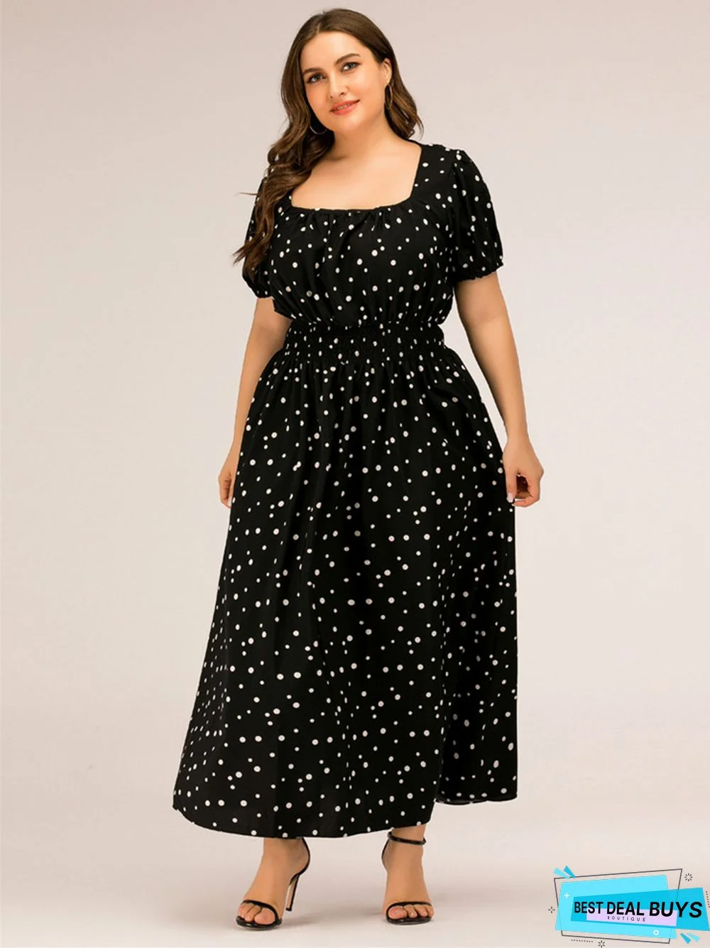 Square-Necked Bubble Sleeves Long Polka-Dot Dress