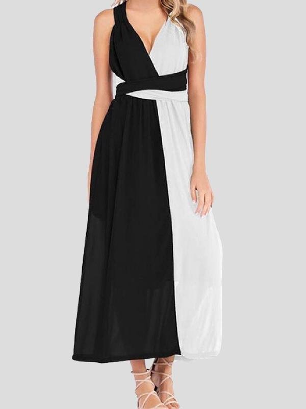 Black And White Stitching V-Neck High Waist Dress