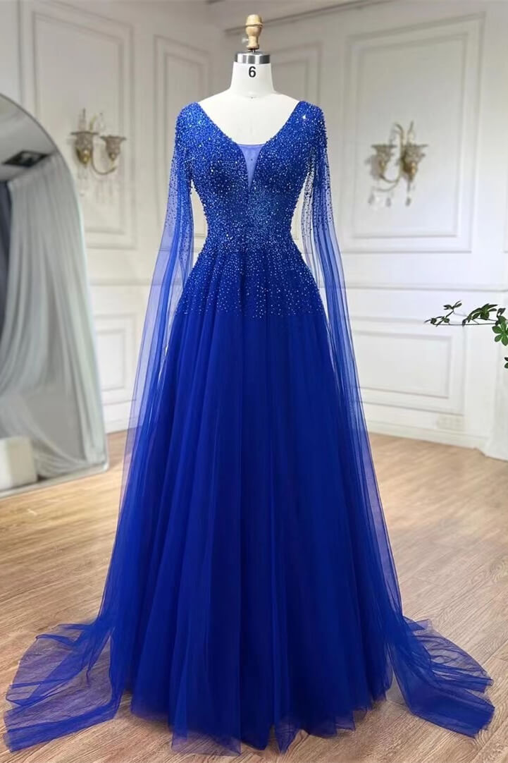 Bellasprom Royal Blue Ruffle Sleeves V-Neck A-Line Prom Dress With Beadings