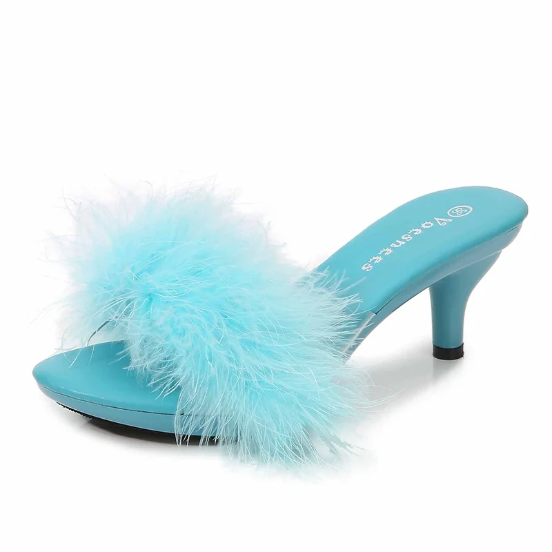 Qengg Solid Color Feather Fairy Slippers Summer Transparent Sandals Thin High Heels Sexy Fur Crystal 6cm Low Heel Derss Women Shoes