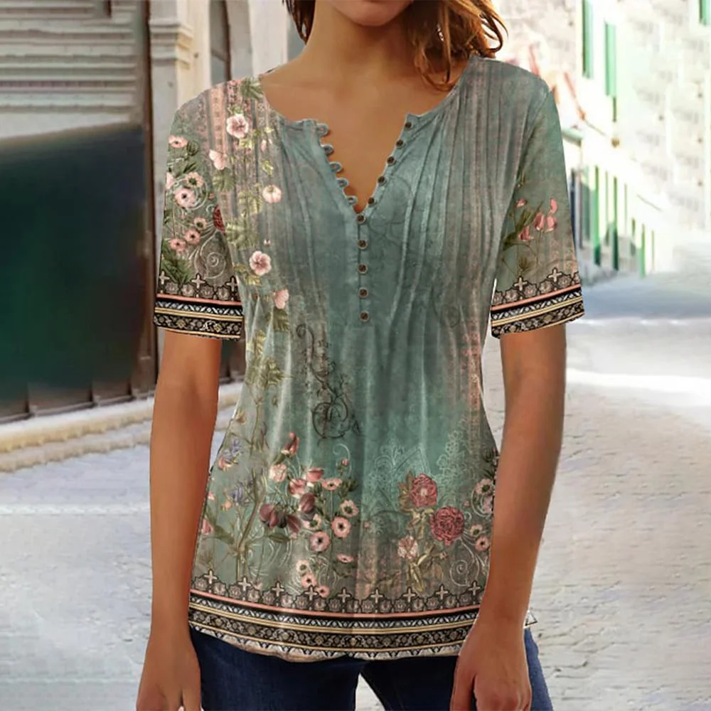 Vintage Flower Print V-Neck Short Sleeved T-Shirt