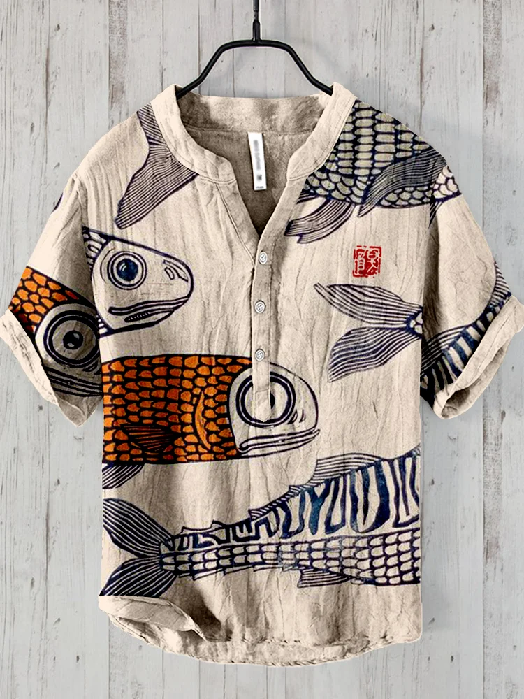 Comstylish Vintage Fish Japanese Lino Art Linen Blend Shirt