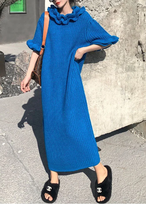 Fitted Blue Ruffled Knit Ankle Dress Petal Sleeve