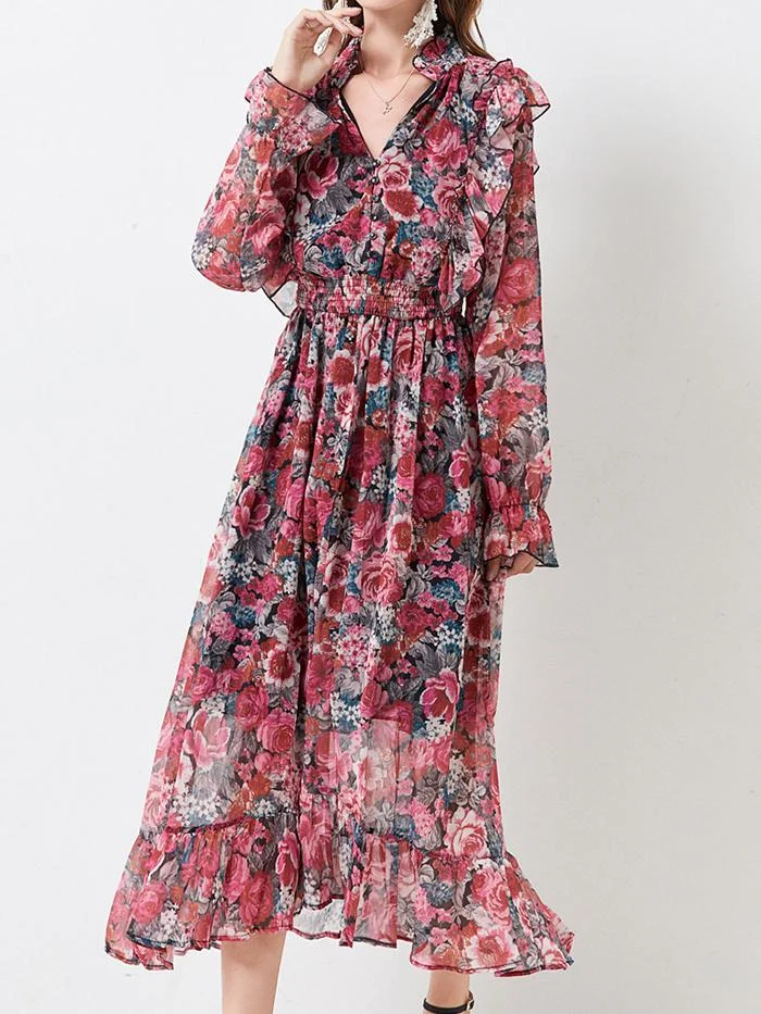Fashion Chiffon Print Lantern Sleeve Dress