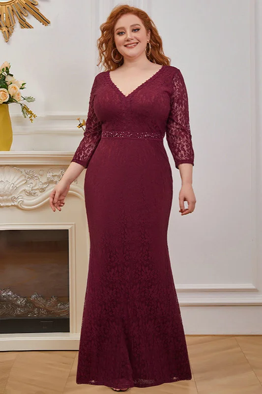 Plus Size Burgundy Lace Mermaid Prom Dress With Long Sleeves - lulusllly