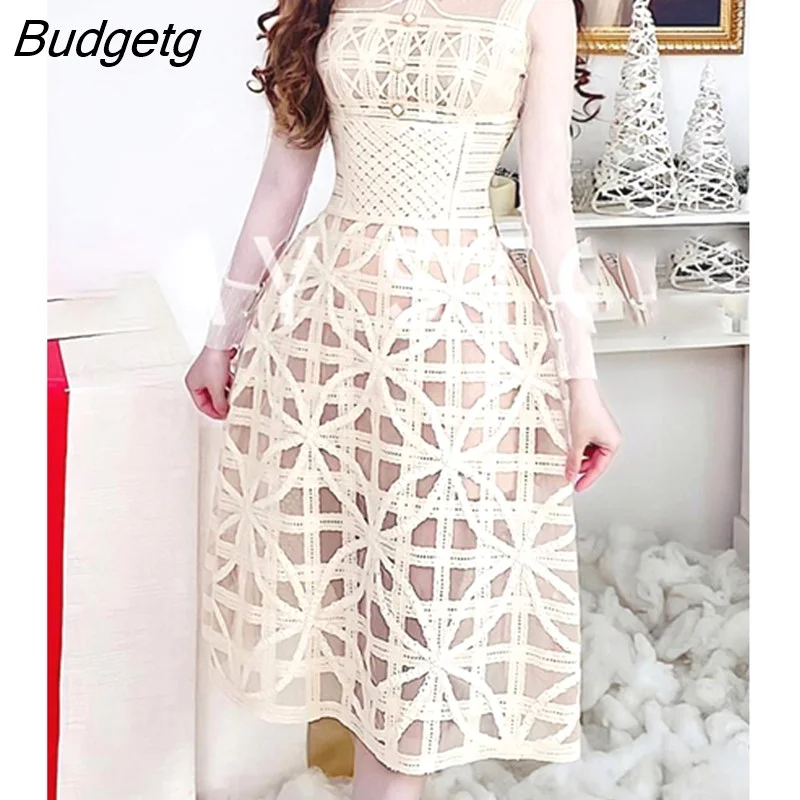 Budgetg Lace Dress Women Vintage Turn-down Neck Elegant Vintage Bodycon Dress Hollow Out Long Sleeve Party Vestido Luxury Spring