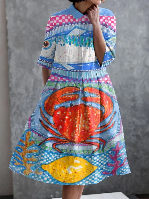 Vacation Ocean World Print Casual Pocket Half Sleeve Dress