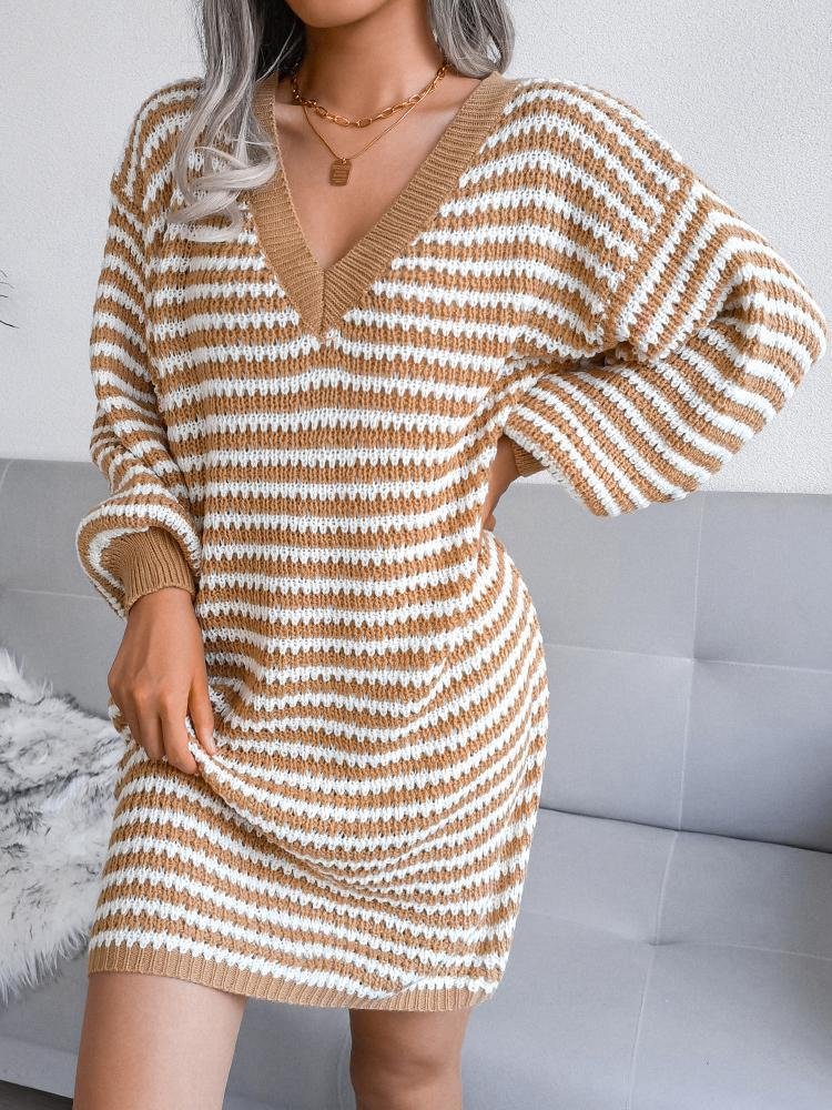 Mayoulove V neck autumn stripe knitting dress-Mayoulove