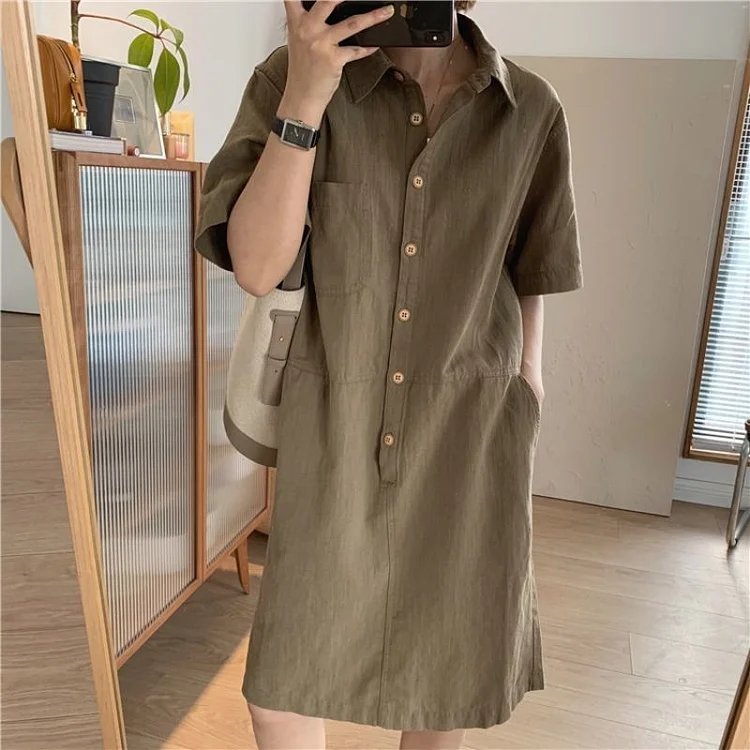 Casual Cotton Linen Short Sleeve Mini Dress