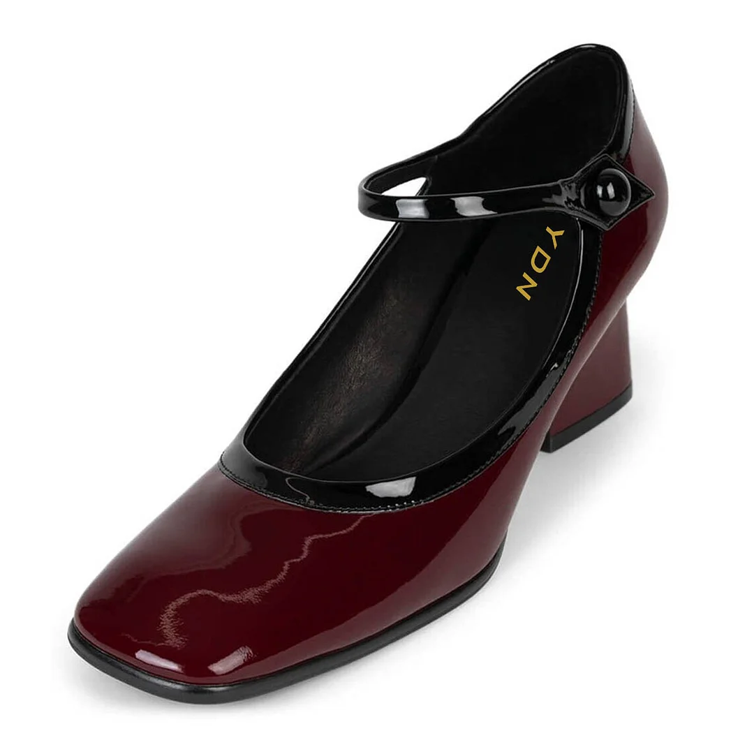 YDN Women's Patent Leather Square Toe Mary Jane Heels in Maroon