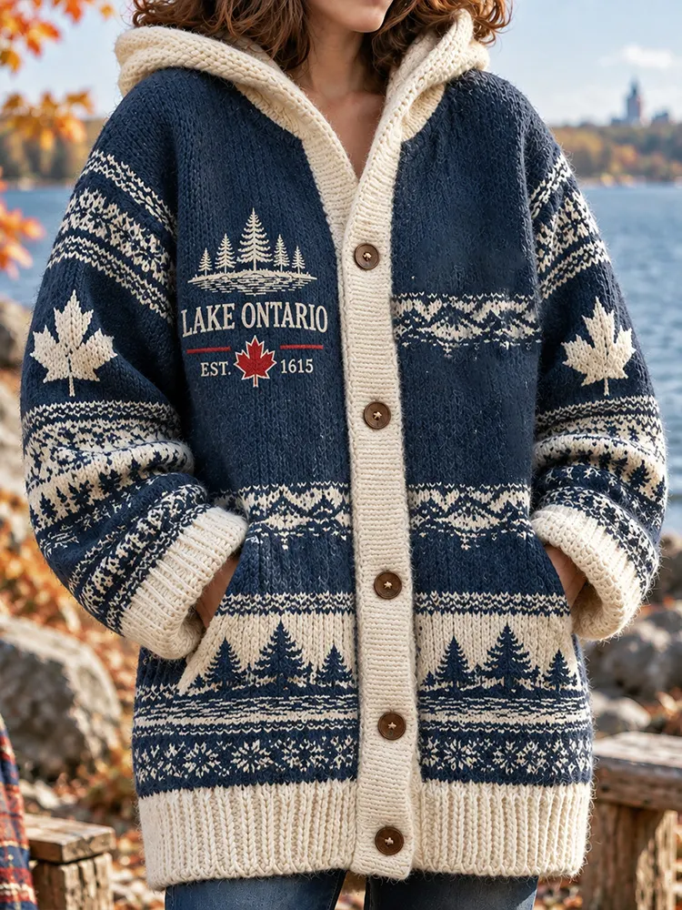 Comstylish Women's 1615 Lake Ontario Pattern Knitted Casual Warm Hooded Cardigan Sweater