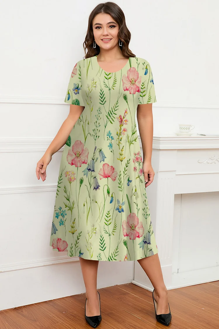 Flycurvy Plus Size Casual Yellow Plant Print Tea-Length Dress  Flycurvy [product_label]