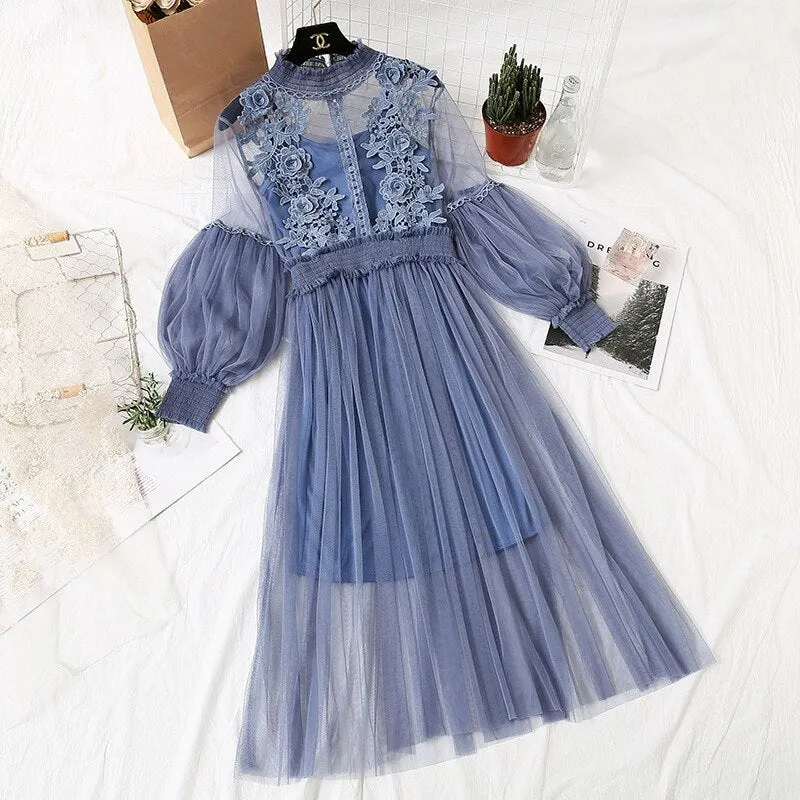 New Arrivals Lantern Sleeve Voile Long Dress Female Women Lace Flower Dress Women Casual Hook Princess Dresses 2 Piece Set 12041