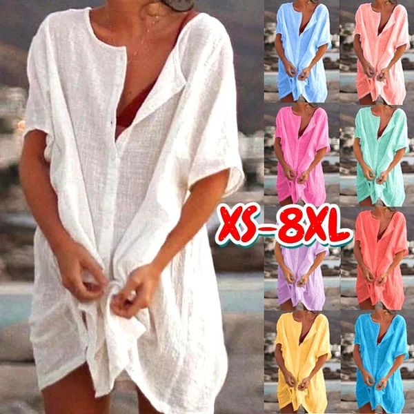 XS-8XL Spring Summer Dresses Plus Size Fashion Clothes Women's Casual Short Sleeve Dresses Beach Wear Swimwear Cover-up Linen Dress Loose Blouses Long T-shirt Deep V-neck Solid Color Bikiini Cover-up Dress Mini Party Dress