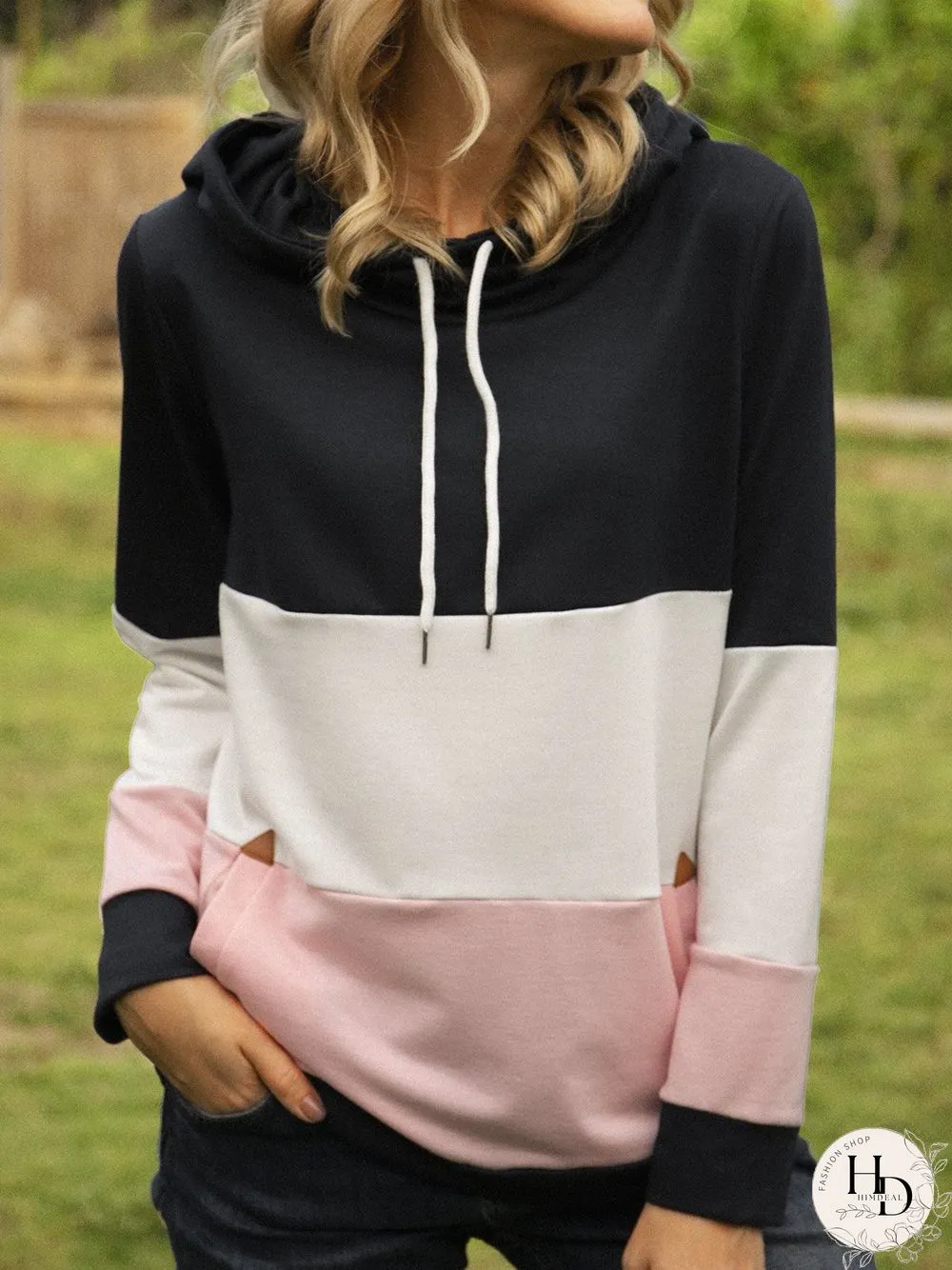 Multicolor Solid Paneled Hoodie Long Sleeve Sweatshirts