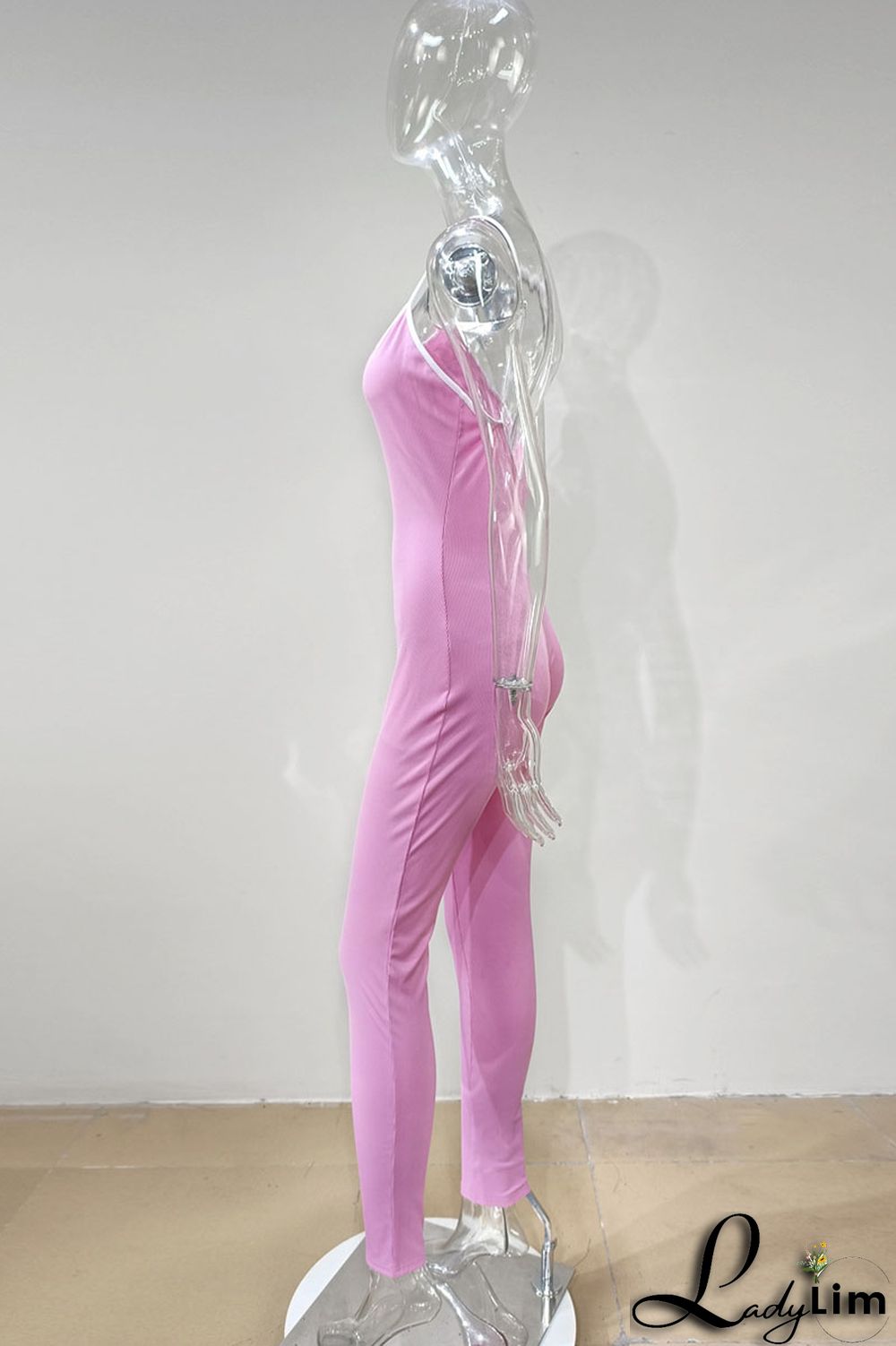 Pink Casual Sportswear Solid Patchwork Spaghetti Strap Skinny Jumpsuits