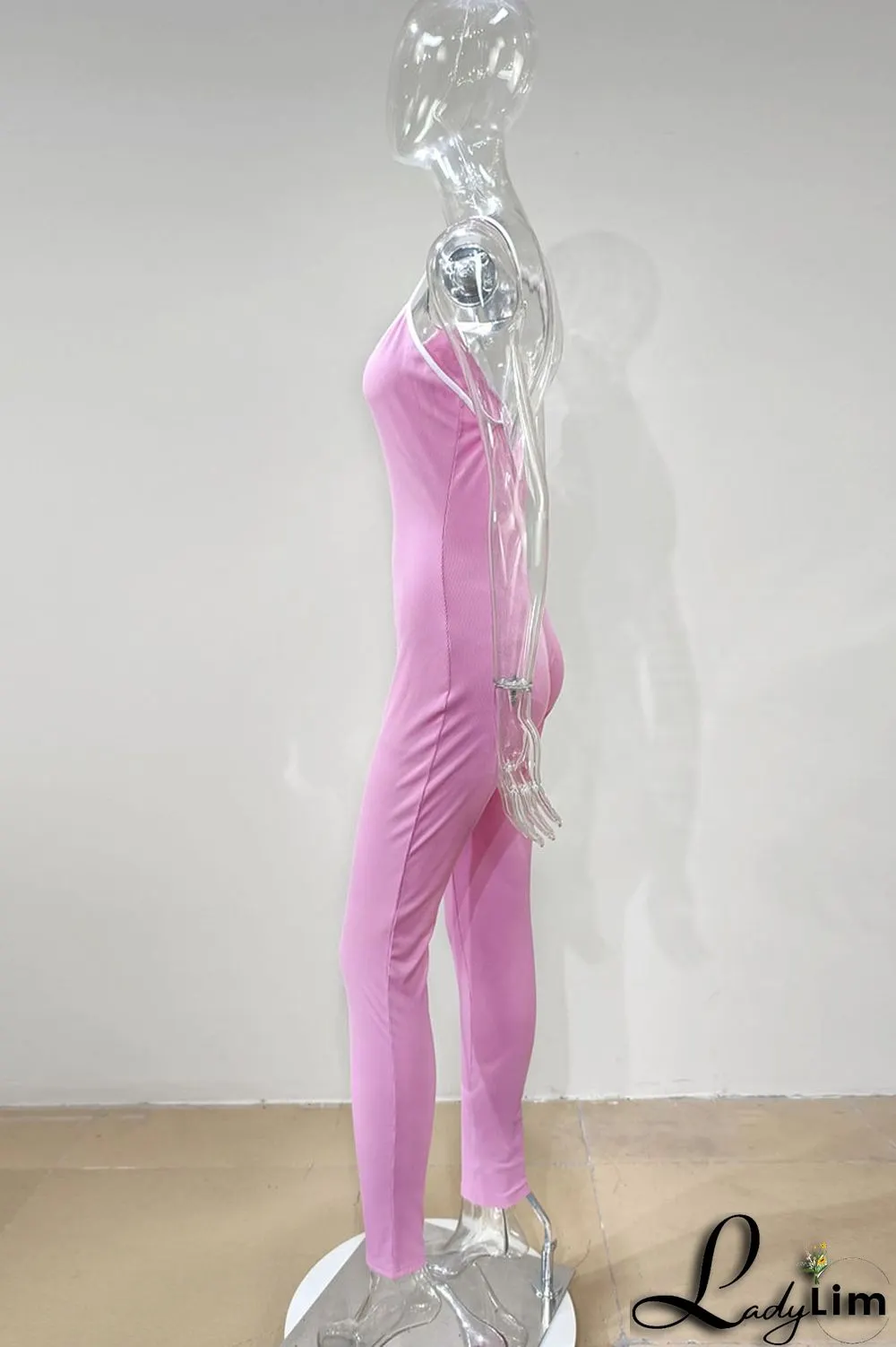 Pink Casual Sportswear Solid Patchwork Spaghetti Strap Skinny Jumpsuits