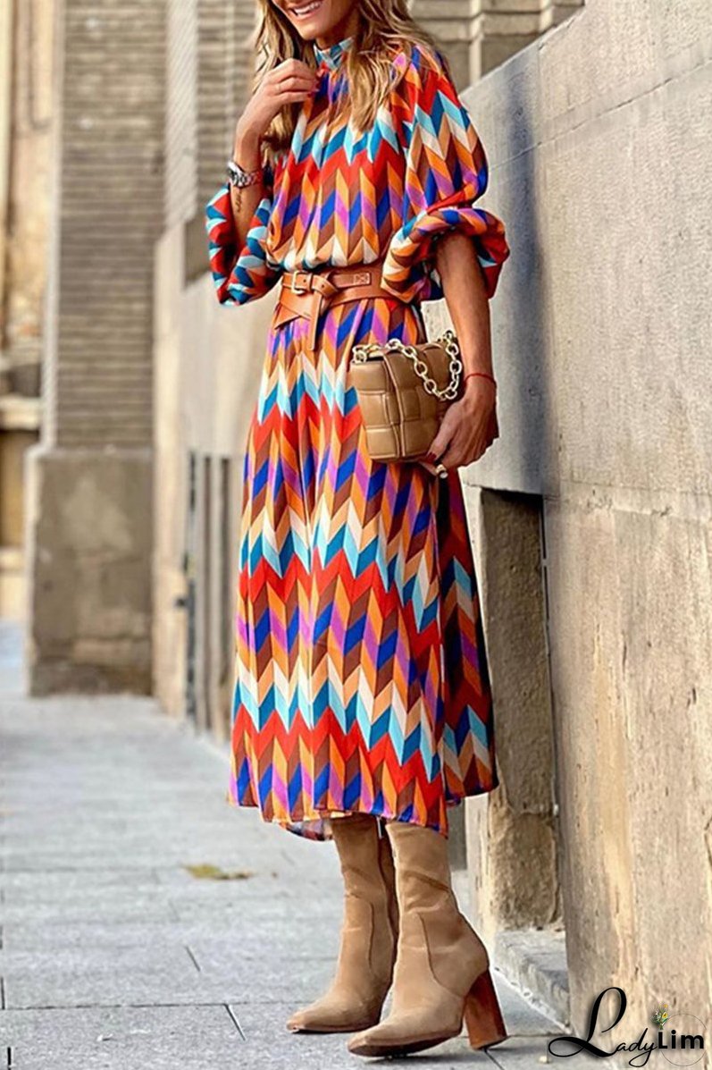 Casual Print Split Joint Half A Turtleneck Straight Dresses