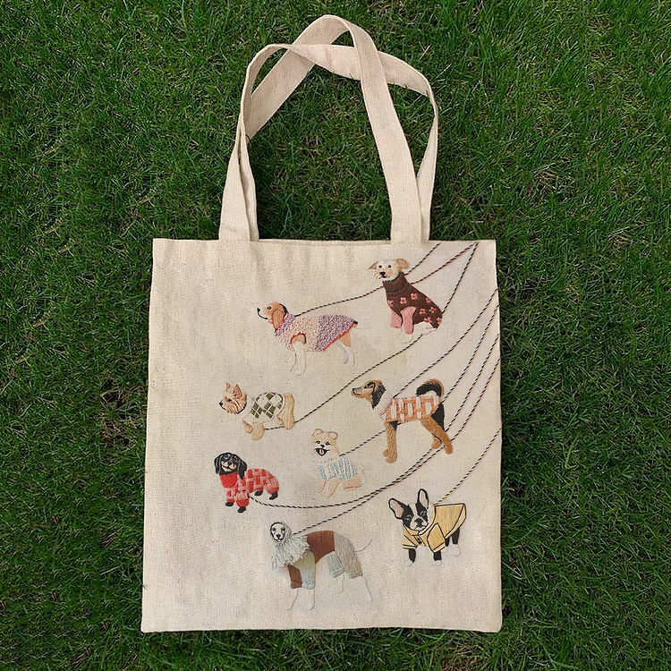 Cute Dogs Animal Embroidery Pattern Canvas Bag