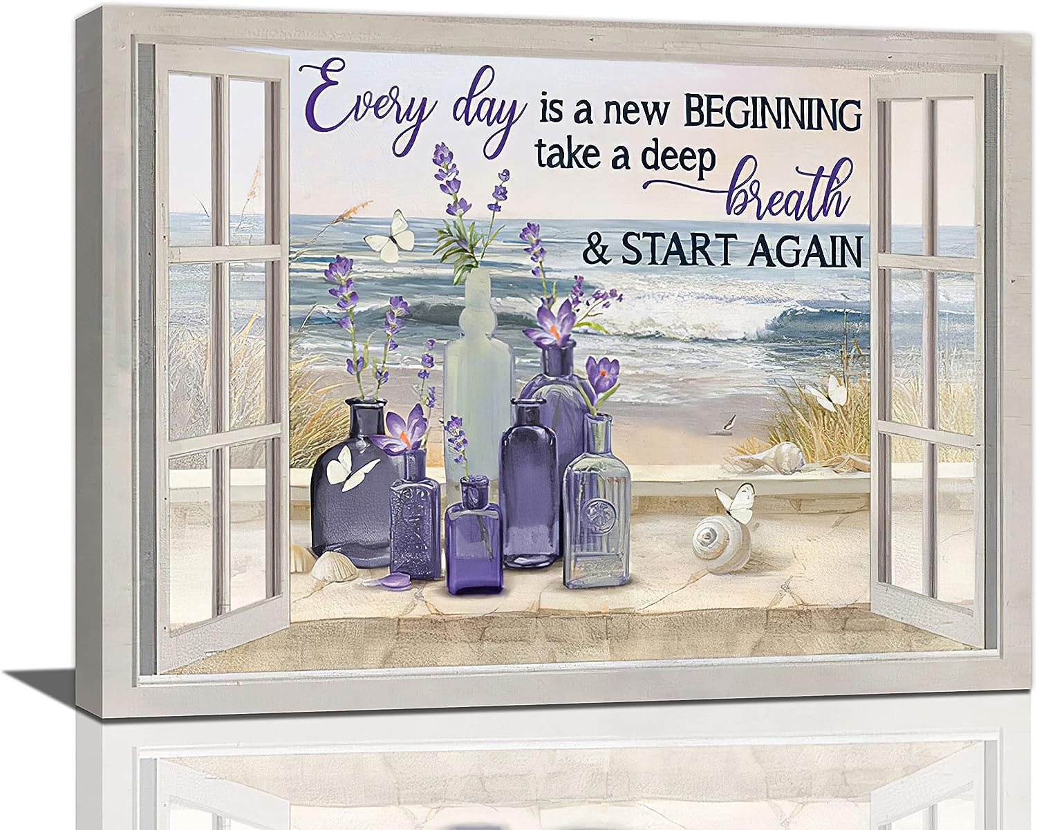 Farmhouse Lavender Flower Bathroom Decor Wall Art Rustic Country Butterfly Purple Window Beach Pictures Wall Decor Canvas Painting Prints Artwork Decorations Framed for Bedroom Bathroom 20 inch x16 inch  16&#034;x20&#034;