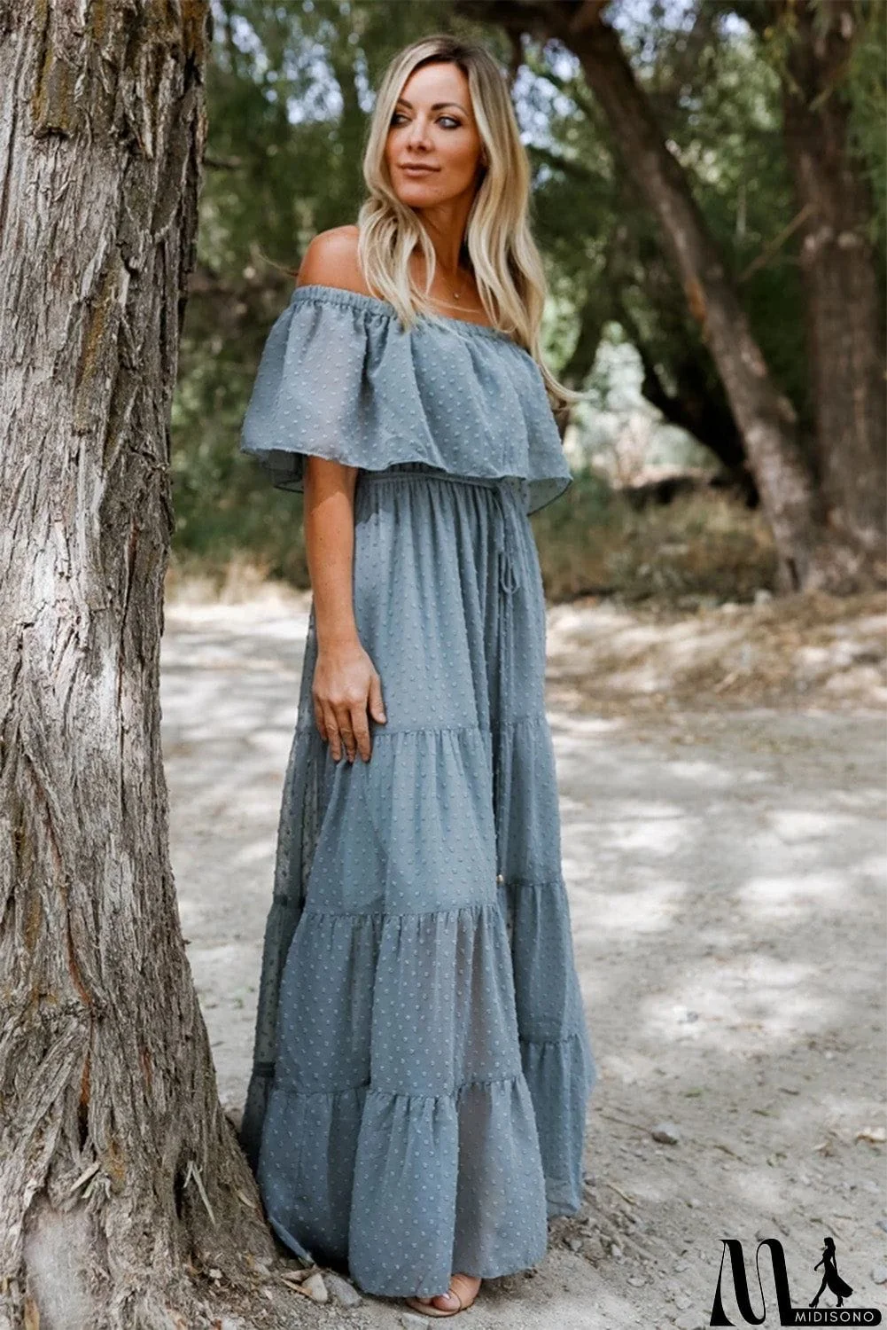 MidiSono - Rust Red Off Shoulder Ruffle Swiss Dot Maxi Dress