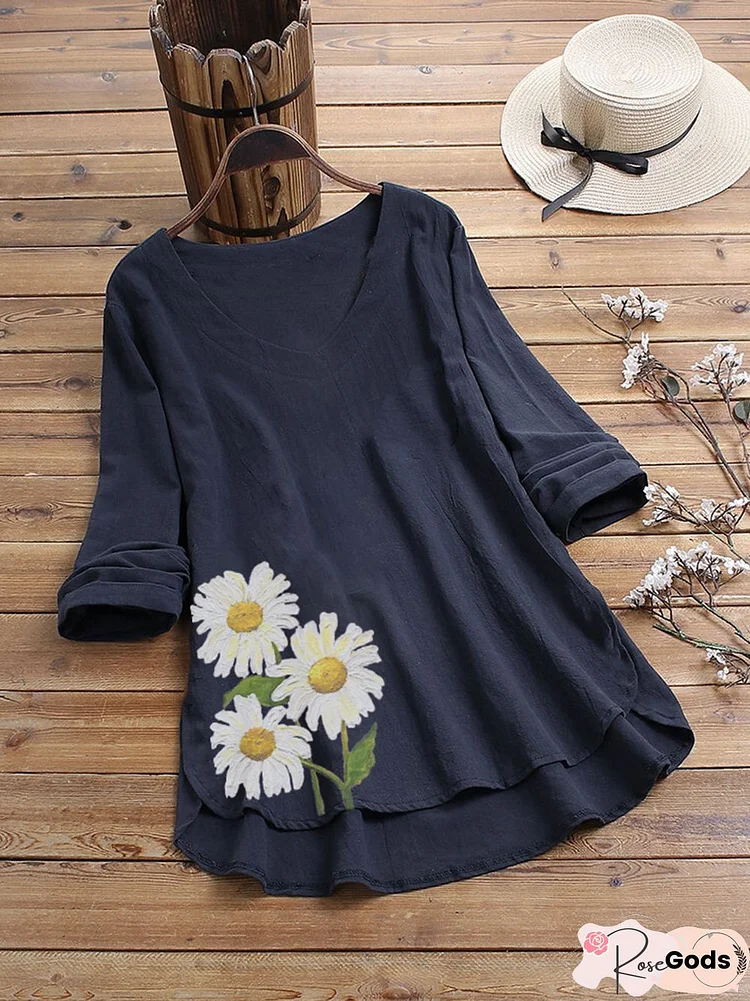 Dark Blue Cotton-Blend Printed Floral Casual Top