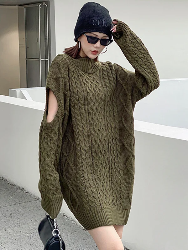 Casual Long Sleeves Roomy Hollow Pure Color High-Neck Sweater Dresses