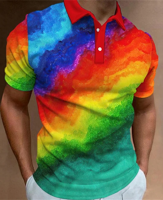 Fashion Rainbow Colorblock Turndown Collar Button Polo Shirt 